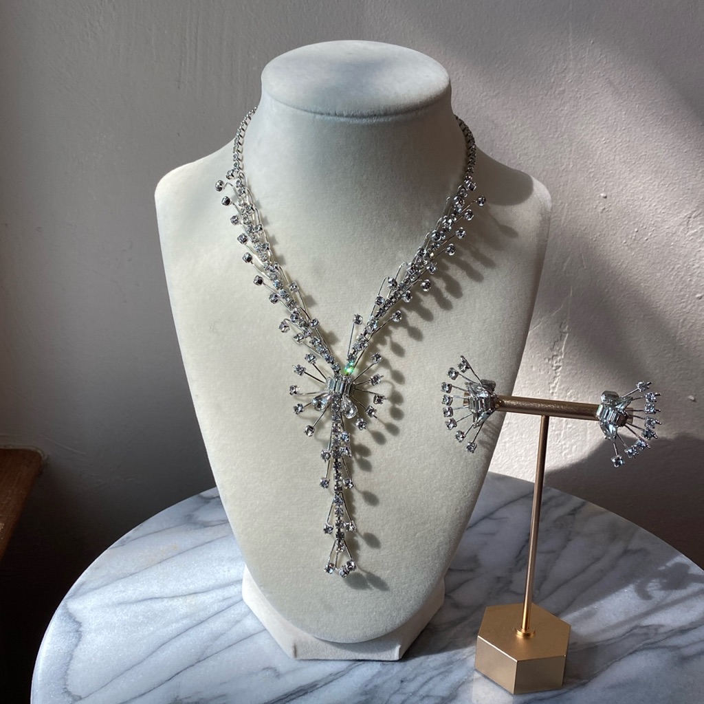 Vintage Rhinestone Silver Tone Necklace And Earring Set